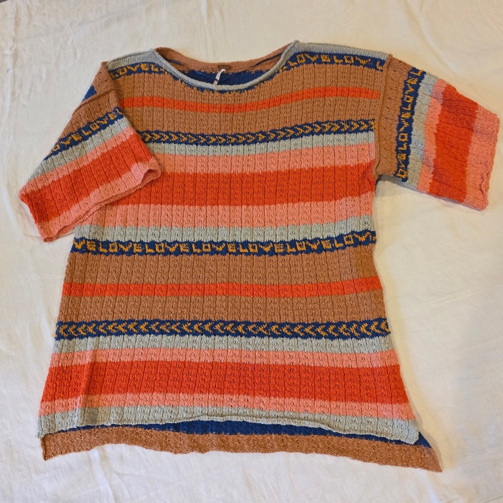 Free People Striped Love Knit Sweater Top Short Sleeve OB982313 XS Multi-Color